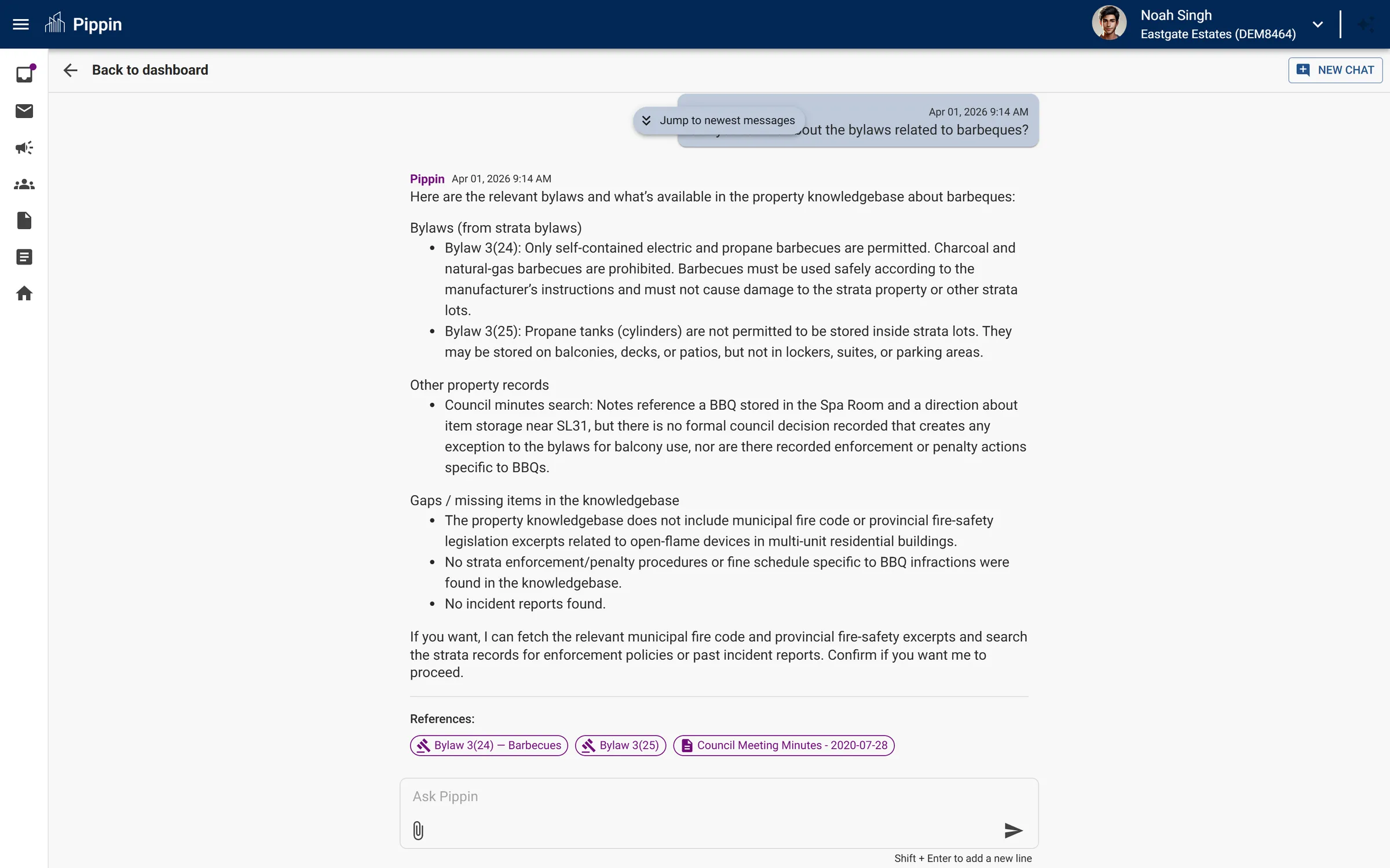 Ask Pippin chat interface showing a question about bylaws with a sourced answer and document citations