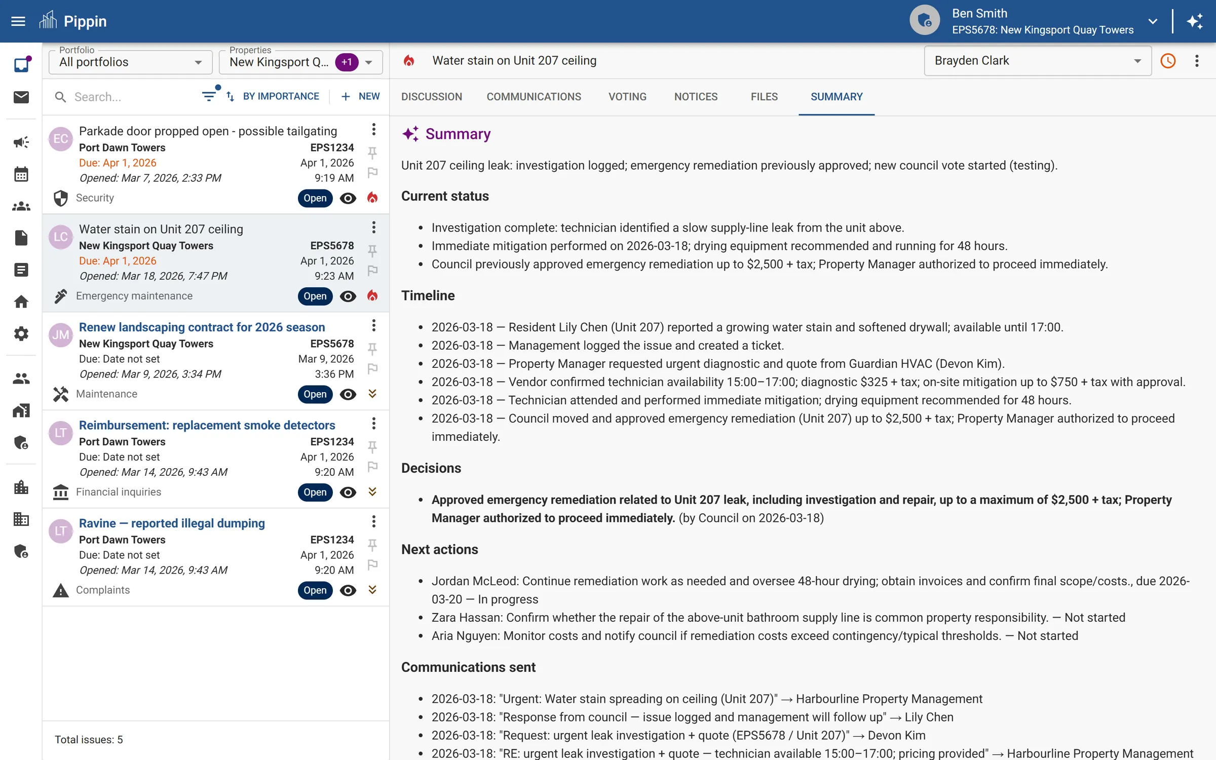 Issue detail view showing timeline, discussion thread, category, SLA status, and attachments