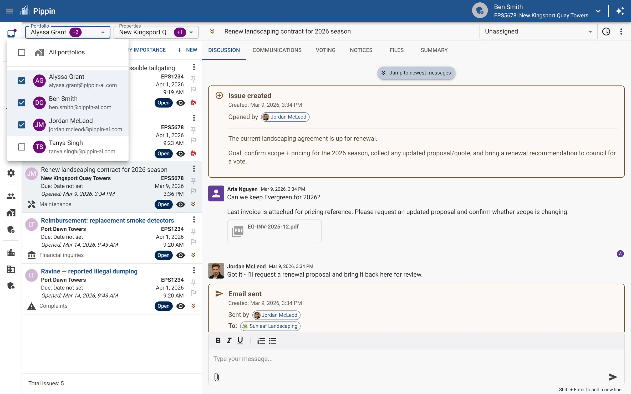 Inbox and discussion with properties dropdown open