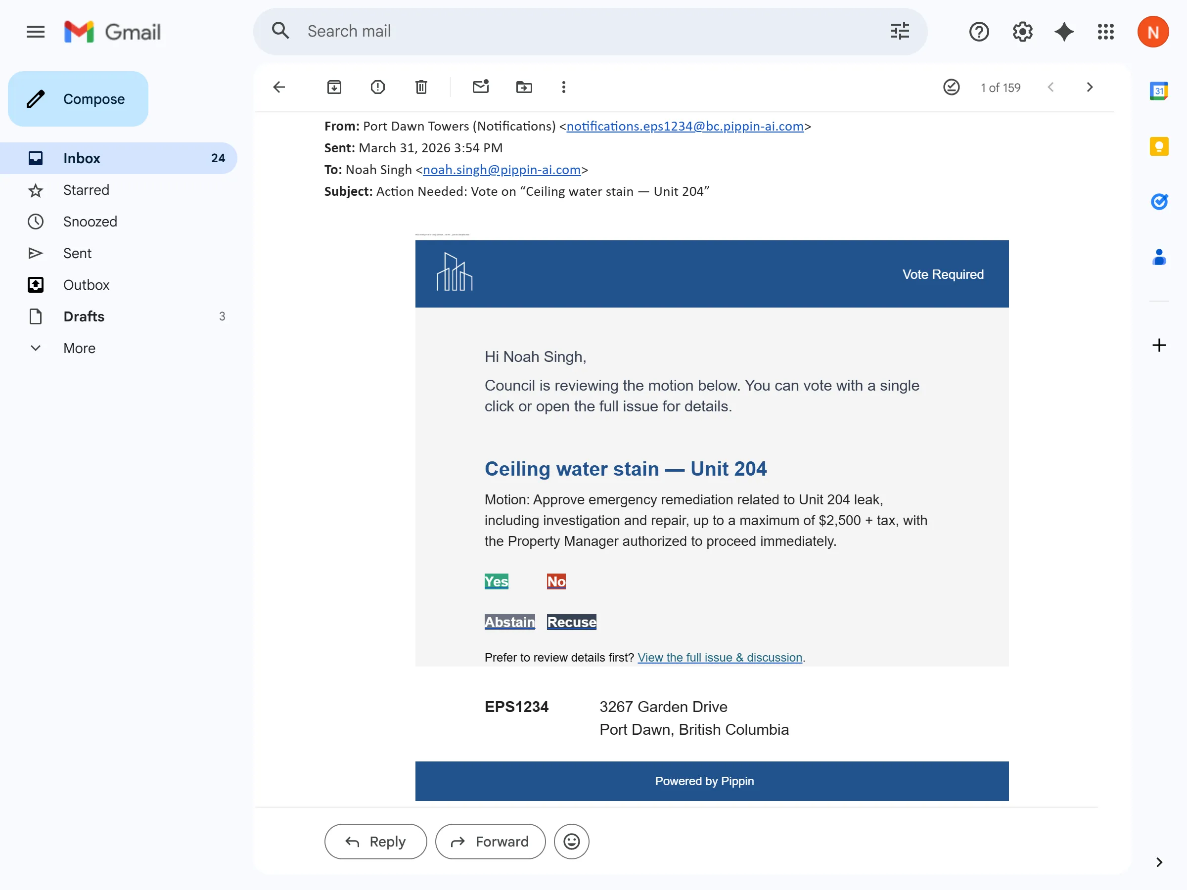 Motion detail view showing vote tally, discussion context, and quorum indicator